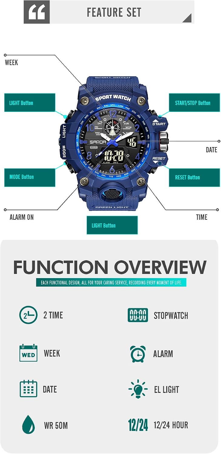 HOTKXAITO Men's Watches Sports Outdoor Waterproof Military Wrist Watch Date Multi Function Tactics LED Alarm Stopwatch