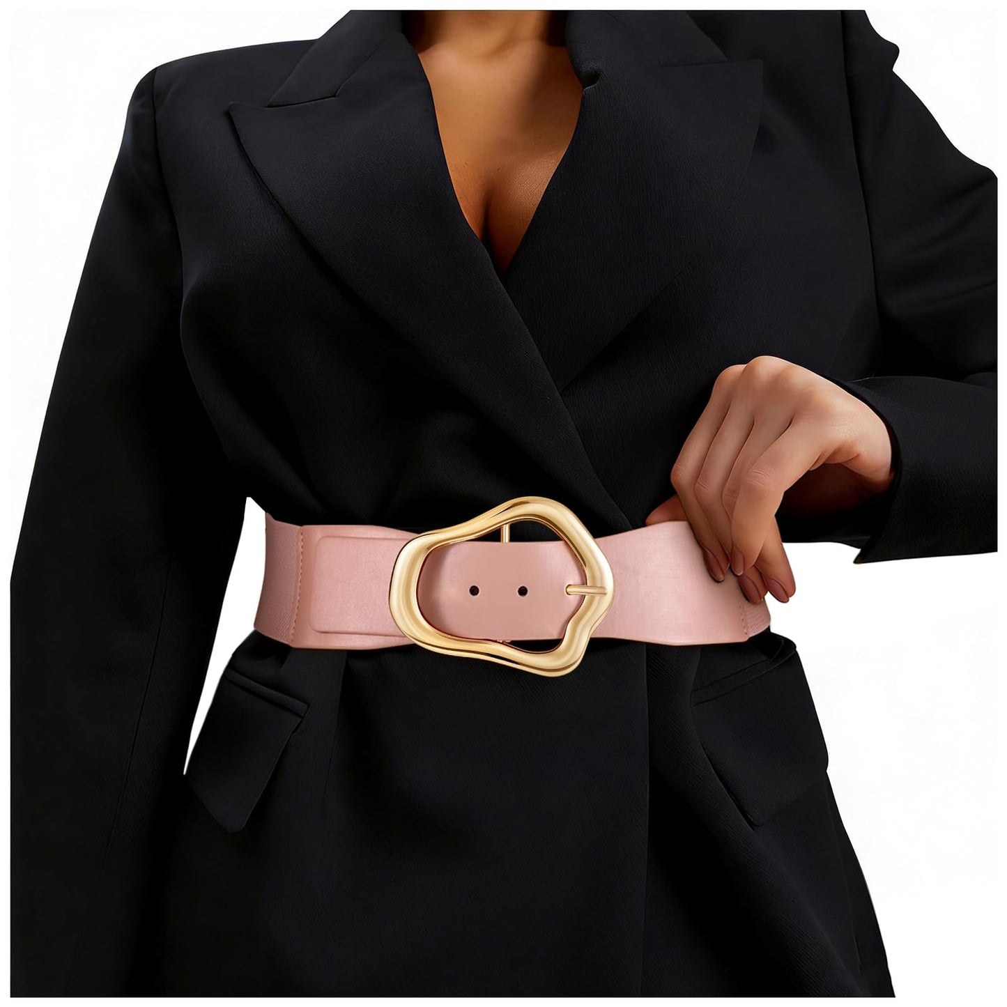 HOTXZQTIVE Women Wide Elastic Waist Belt for Dresses Fashion Big Gold Buckle Stretchy Leather Waistband for Ladies