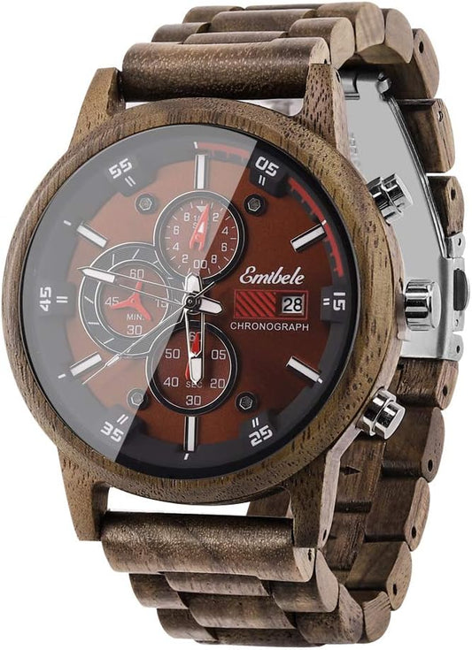 HOTEmibele Wooden Watch for Men, Date Display Chronograph Quartz Wrist Watch, 3 Sub-dials Handmade Light Weight Luminous Watch - Walnut