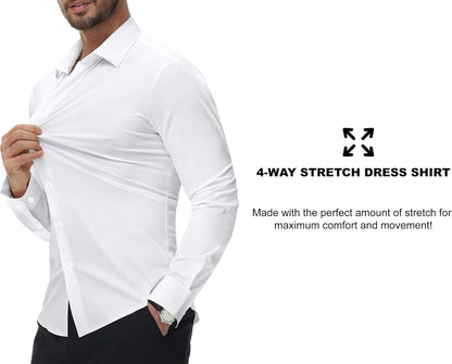 HOTSAMERM Mens Dress Shirt Stretch Wrinkle Free Casual Button Down Shirts | 4-Way Stretch & Moisture Wicking Performance Shirt for Business, Wedding, Work, Church, Easy Care Lightweight & Breathable