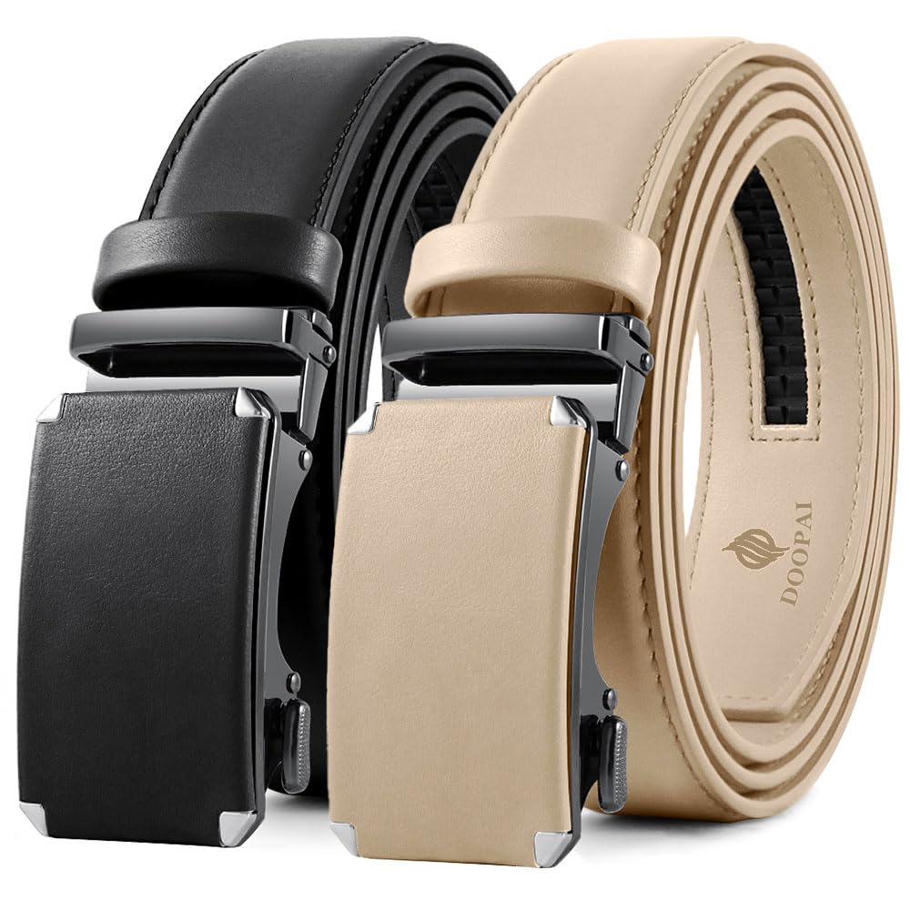HOTDOOPAI Men's 2 Pack Ratchet Dress Belt - Adjustable 1 3/8" Genuine Leather, Size Length Can Be Cut, With Gift Box