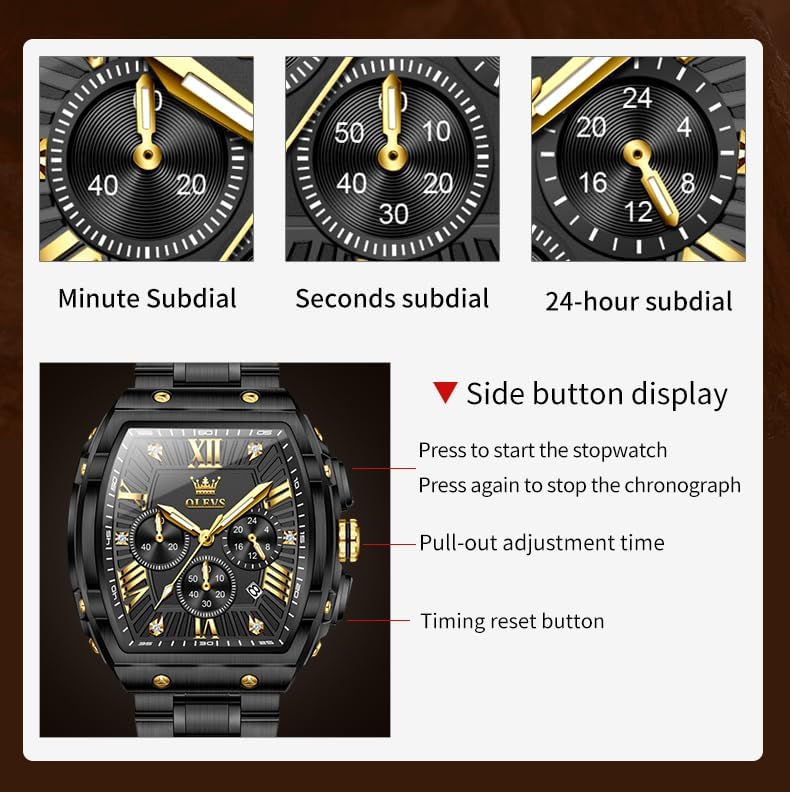 HOTOLEVS Mens Watches Analog Quartz Chronograph Square Dress Watch for Man Stainless Steel or Leather Band Waterproof Luminous Date Male Watch