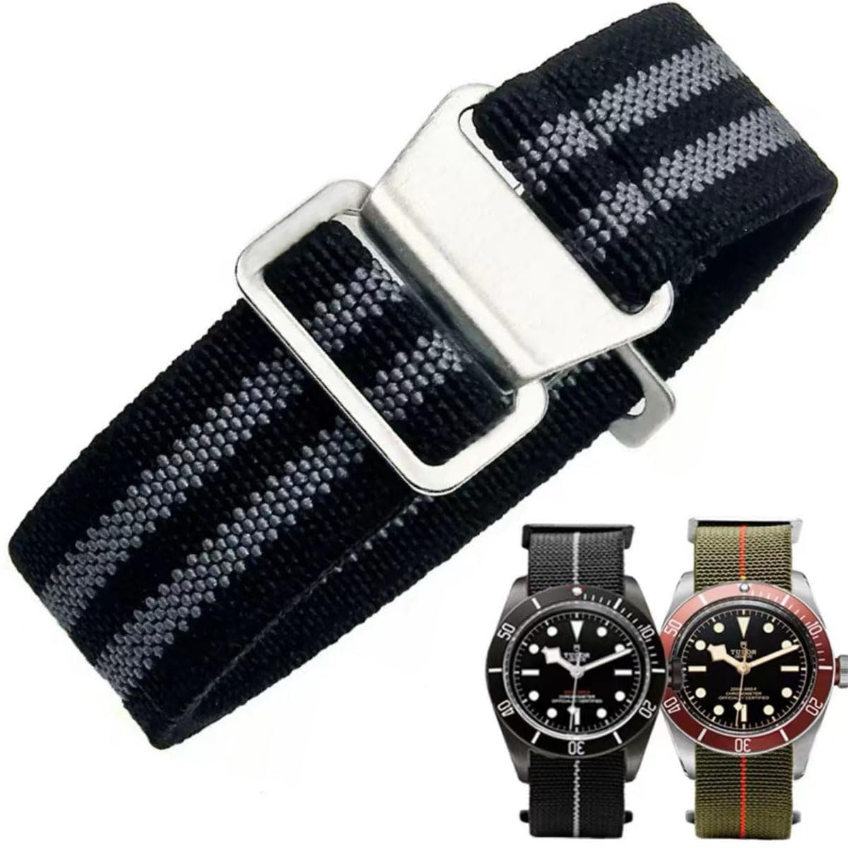 HOTFrench Troops Paratrooper Watchband,Military Elastic Nylon Watch Strap with Hook-and-Loop for Men Women Silver & Black Buckle 18/20/22mm