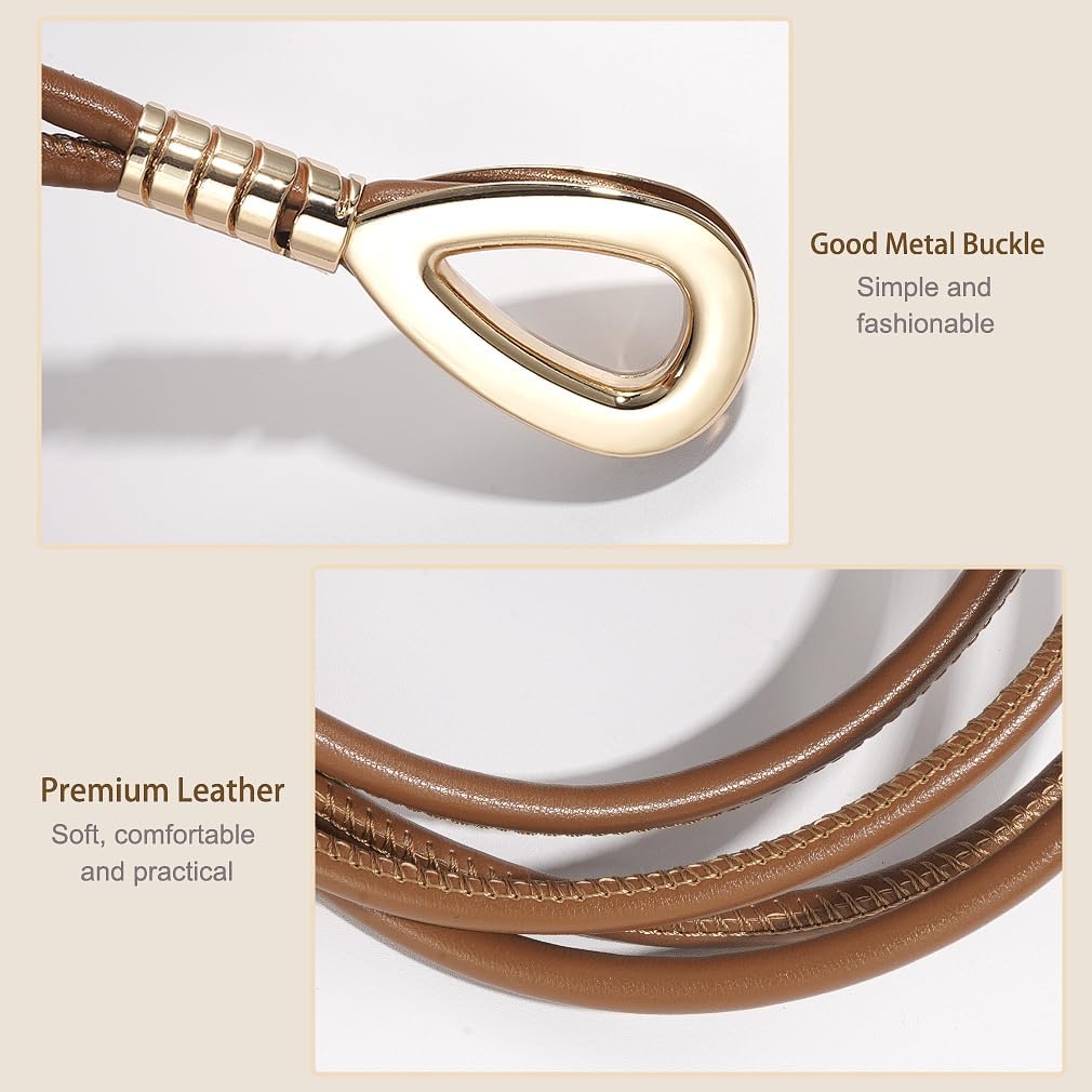 HOTWomen Knotted Skinny PU Leather Waist Belt Gold Buckle for Dresses