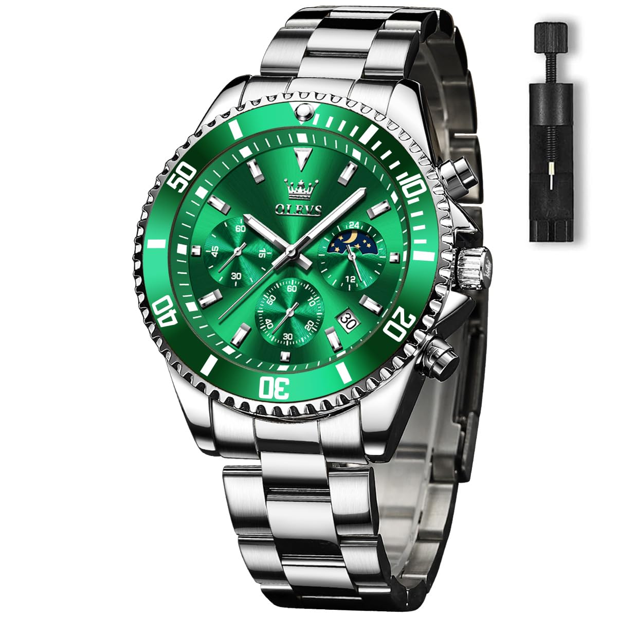 HOTOLEVS Men's Watches with Date, Premium Gold and Silver Stainless Steel Analog Watches for Men, Classic Rotatable Bezel Men's Cuff Watches, Blue/Green/Black Dial