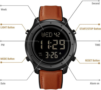 HOTMinimalist Digital Watch Men Wrist Watches Waterproof Mens Leather Watch | Large face brown black watch, Chronograph, Dual Times, 12/24 Hours, EL backlight, Digital wrist stopwatch, Reloj para hombre