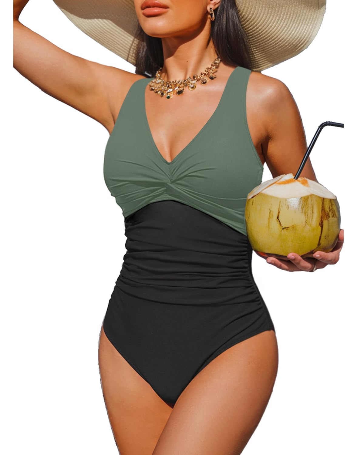 HOTWomen's Tummy Control One Piece Swimsuit Push Up Full Coverage Bathing Suit | V-Neck Twist Front, Low-Back Design, Adjustable Straps, Removable Pads, Full Coverage, Long-Torso Fit, Beach and Pool Days