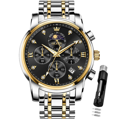 HOTOLEVS Watch for Men Diamond Business Dress Analog Quartz Stainless Steel Waterproof Luminous Date Two Tone Luxury Casual Wrist Watch Blue
