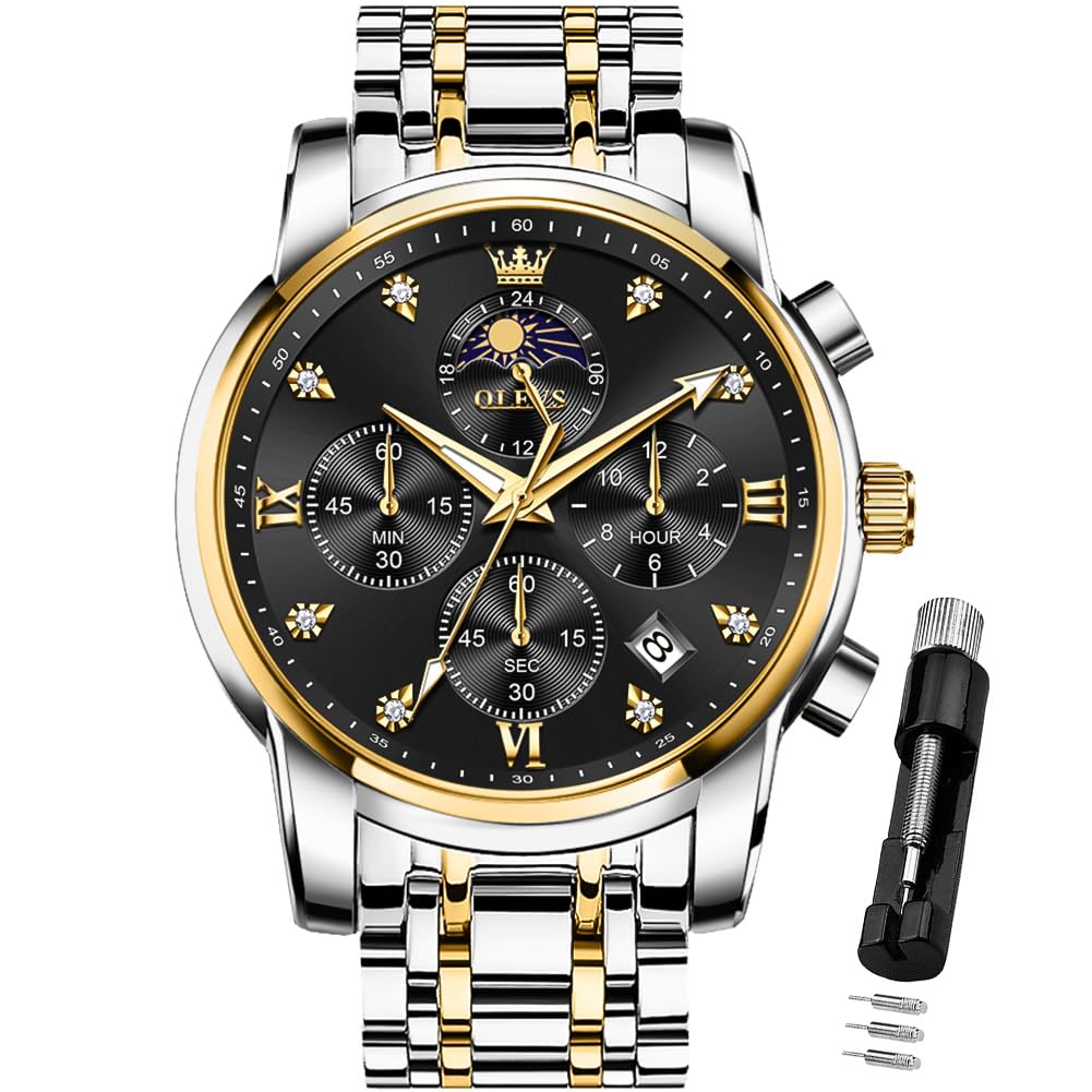 HOTOLEVS Watch for Men Diamond Business Dress Analog Quartz Stainless Steel Waterproof Luminous Date Two Tone Luxury Casual Wrist Watch Blue