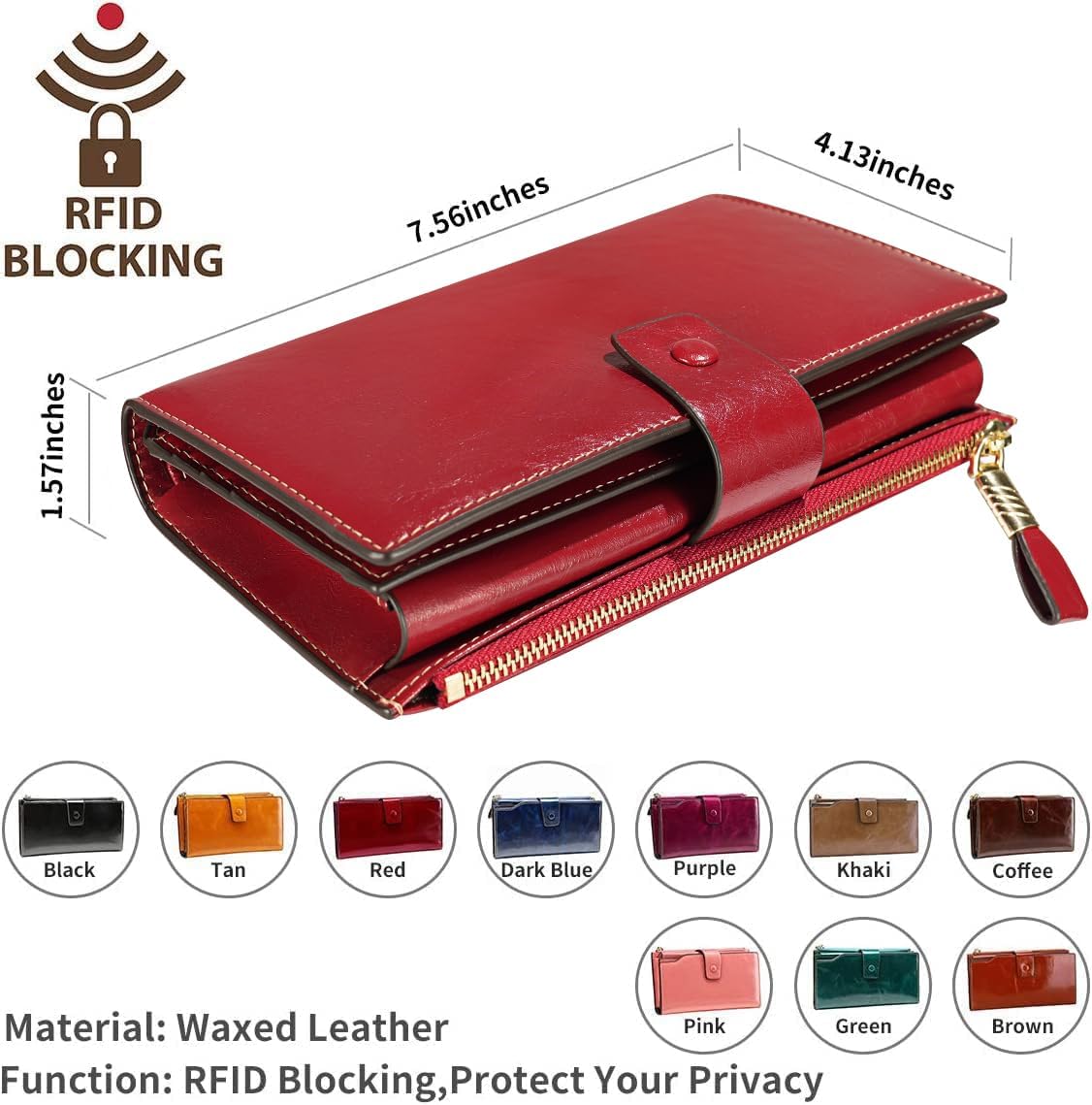 HOTItslife Womens RFID Blocking Large Capacity Luxury Wax Genuine Leather Wallet Clutch Ladies Card Holder, Red