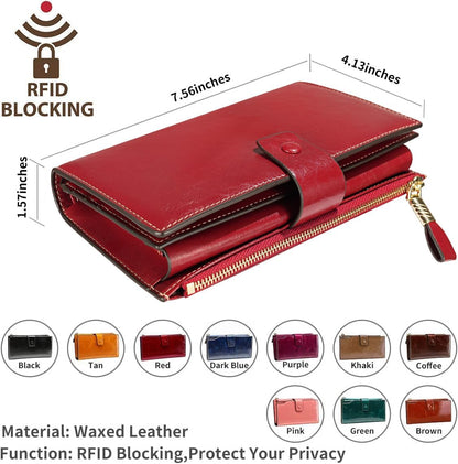 HOTItslife Womens RFID Blocking Large Capacity Luxury Wax Genuine Leather Wallet Clutch Ladies Card Holder, Red
