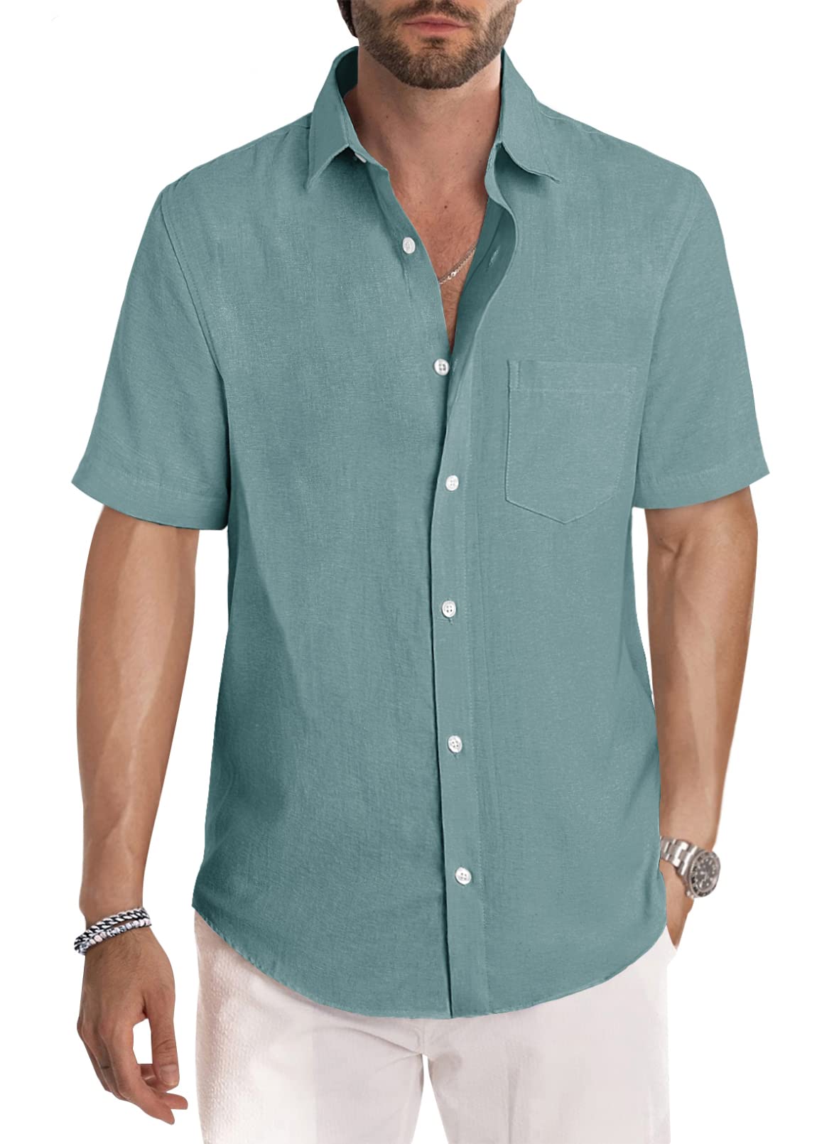 HOTJMIERR Men's Casual Stylish Short Sleeve Button-Up Striped Dress Shirt Cotton Beach Shirts