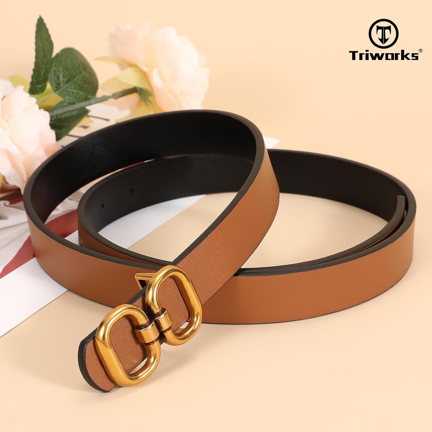 HOTTRIWORKS Reversible Leather Belt for Women with Gold Buckle Ladies Leather Belt for Jeans Pants