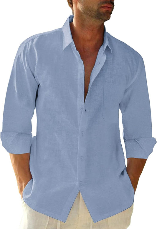 HOTJEKAOYI Button Down Linen Shirts for Men Casual Long Sleeve Regular Fit Cotton Beach Shirts with Pocket