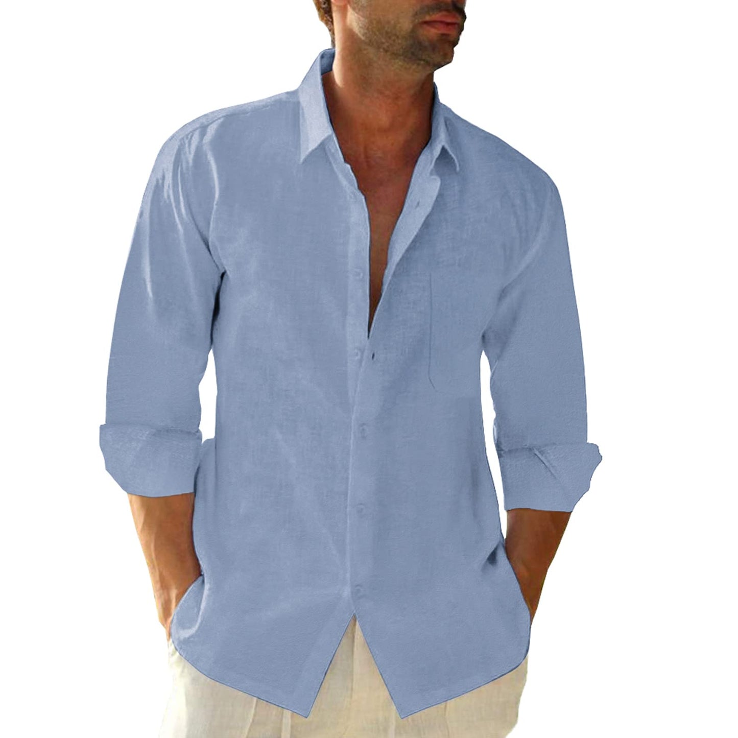 HOTJEKAOYI Button Down Linen Shirts for Men Casual Long Sleeve Regular Fit Cotton Beach Shirts with Pocket