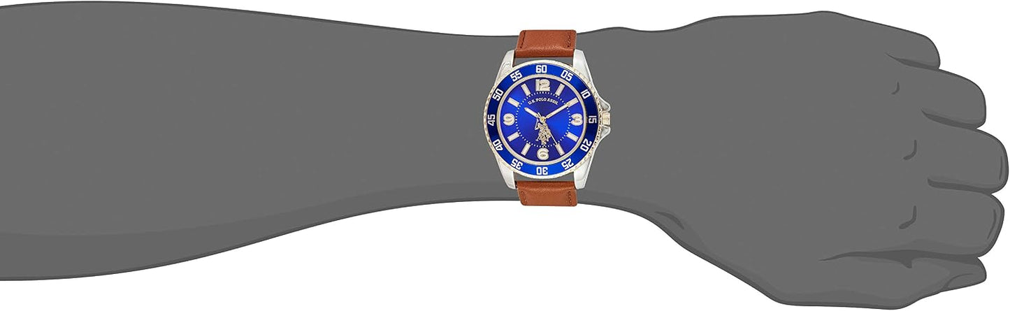 HOTU.S. Polo Assn. Men's Brown Leather Strap Watch with Blue Dial and Silver-Tone Case – Analog Quartz Timepiece with Sport Bezel Accent Box Included Fits Wrists 5.5"-8"