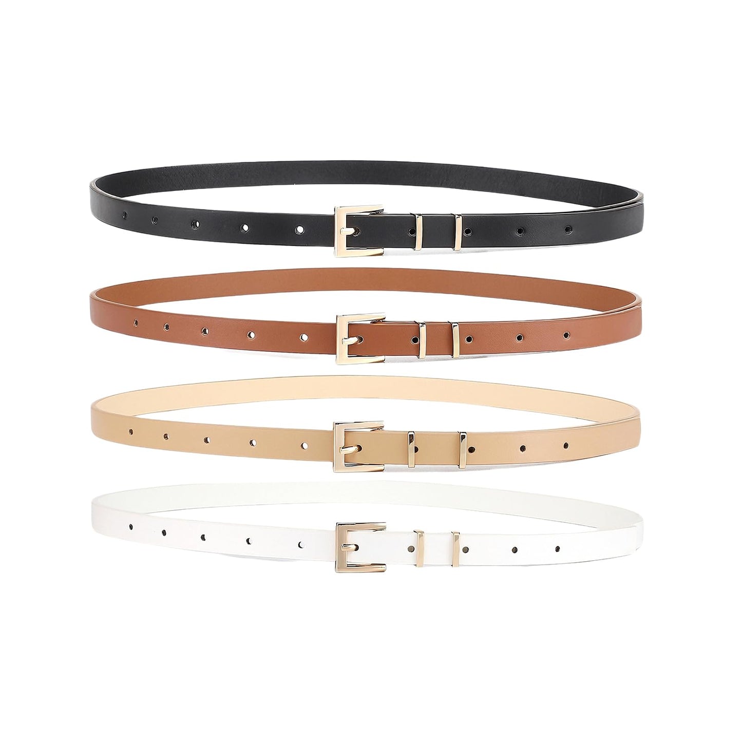 HOTHOTWILL 4 Pack Women Skinny Belts for Jeans Dress Thin Waist Belt | 0.55 in Wide, Black Beige Brown White Faux Leather, Gold Silver Buckle, Fashion Casual Style, Daily Outfits Accessories