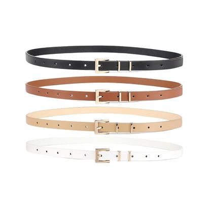 HOTHOTWILL 4 Pack Women Skinny Belts for Jeans Dress Thin Waist Belt | 0.55 in Wide, Black Beige Brown White Faux Leather, Gold Silver Buckle, Fashion Casual Style, Daily Outfits Accessories