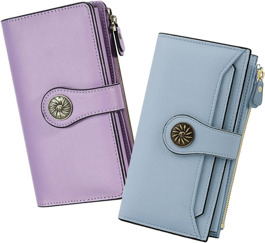 HOTTravelambo Wallets Women RFID Large Capacity Luxury Waxed Leather Clutch Wallet Multi Card Organizer (Light Purple + Blue)