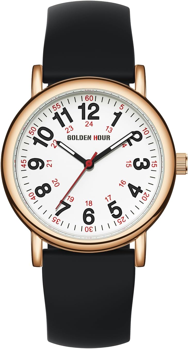 HOTGOLDEN HOUR Waterproof Nurse Watch for Medical Professionals, Students Women Men - Military Time Luminouse Easy Read Dial, 24 Hour with Second Hand, Colorful Silicone Band