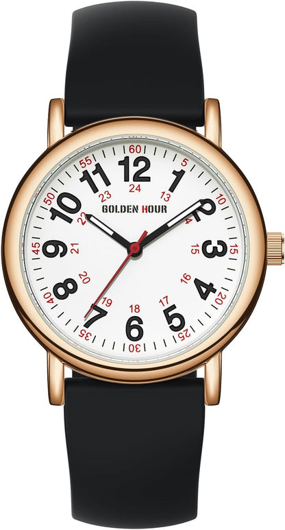 HOTGOLDEN HOUR Waterproof Nurse Watch for Medical Professionals, Students Women Men - Military Time Luminouse Easy Read Dial, 24 Hour with Second Hand, Colorful Silicone Band