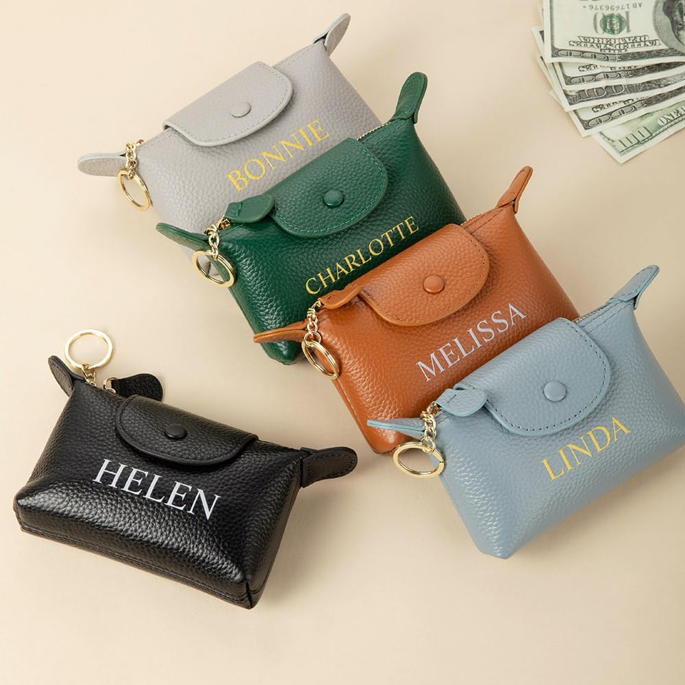 HOTCALLIE Personalized Leather Coin Purse with Keychain - Custom Name on Small Coin Pouch Change Holder - Birthday Teacher's Day Christmas Gifts for Women