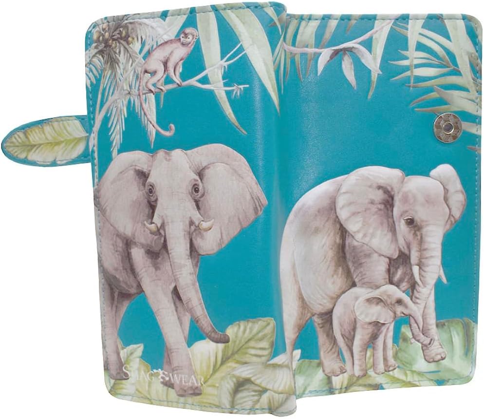 HOTShag Wear Elephant Jungle Large Animal Wallet for Women and Teel Girls Vegan Faux Leather 7" Teal