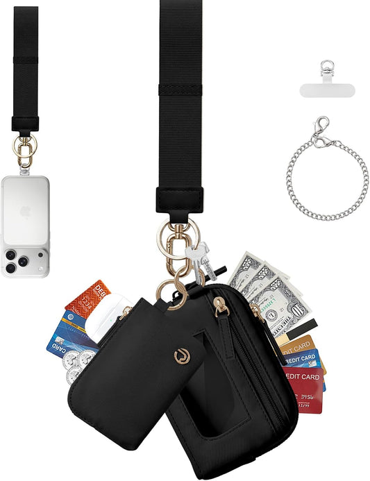 HOTDual Pouch Wristlet Keychain Wallet for Women, Coin Purse with RFID Blocking, Nylon Phone Wallet & Card Holder