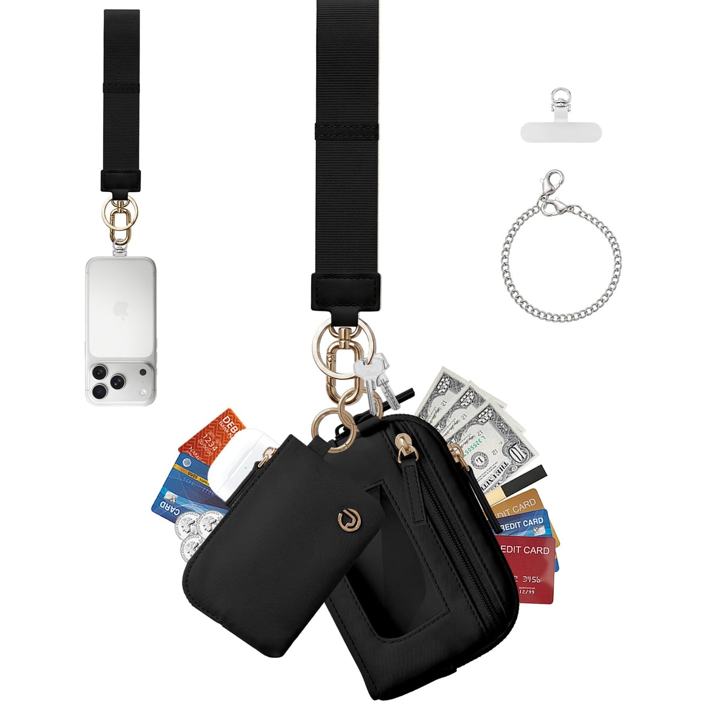 HOTDual Pouch Wristlet Keychain Wallet for Women, Coin Purse with RFID Blocking, Nylon Phone Wallet & Card Holder
