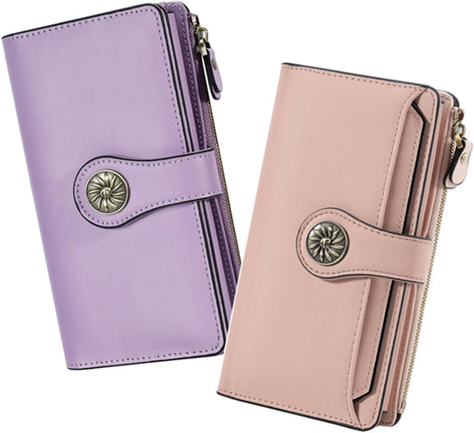 HOTTravelambo Wallets Women RFID Large Capacity Luxury Waxed Leather Clutch Wallet Multi Card Organizer(Light Purple + Champagne Pink)