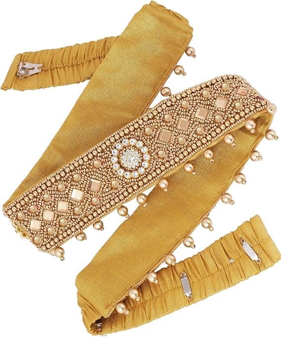 HOTTraditional Stretchable Embroidery Saree Waist Belt – Golden Cloth Kamarpatta Kamarband for Women, Temple Adjustable 30-40 Inches