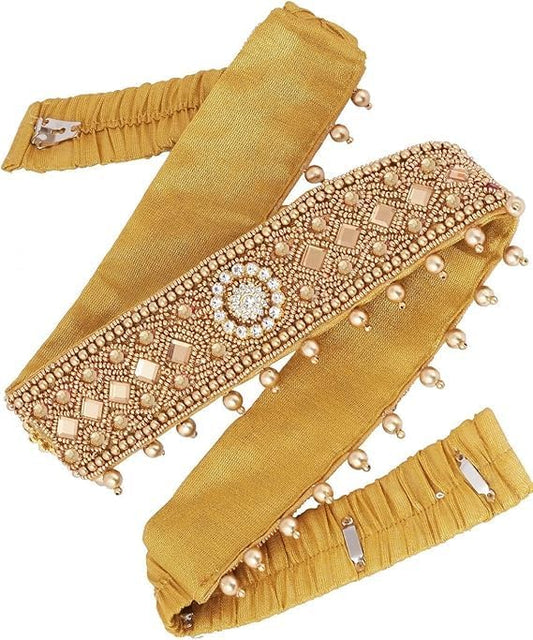 HOTTraditional Stretchable Embroidery Saree Waist Belt – Golden Cloth Kamarpatta Kamarband for Women, Temple Adjustable 30-40 Inches