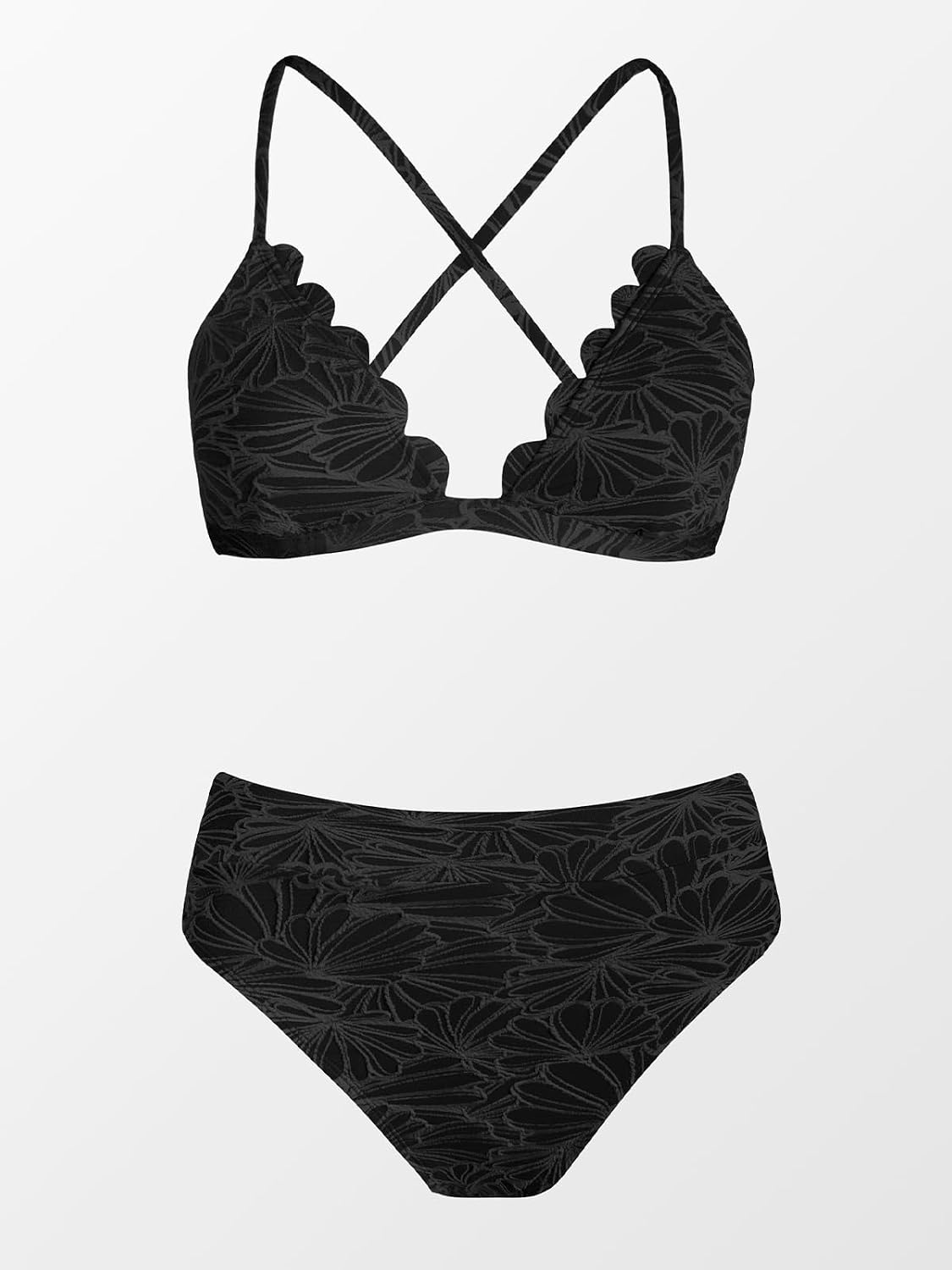 HOTCUPSHE Bikini Set for Women High Waisted Scalloped Two Piece Swimsuit | V Neck,Textured,Crisscross,Back Self Tie,Spaghetti Straps,Soft Removable Cups,Modest Bathing Suit For Vacation And Beach