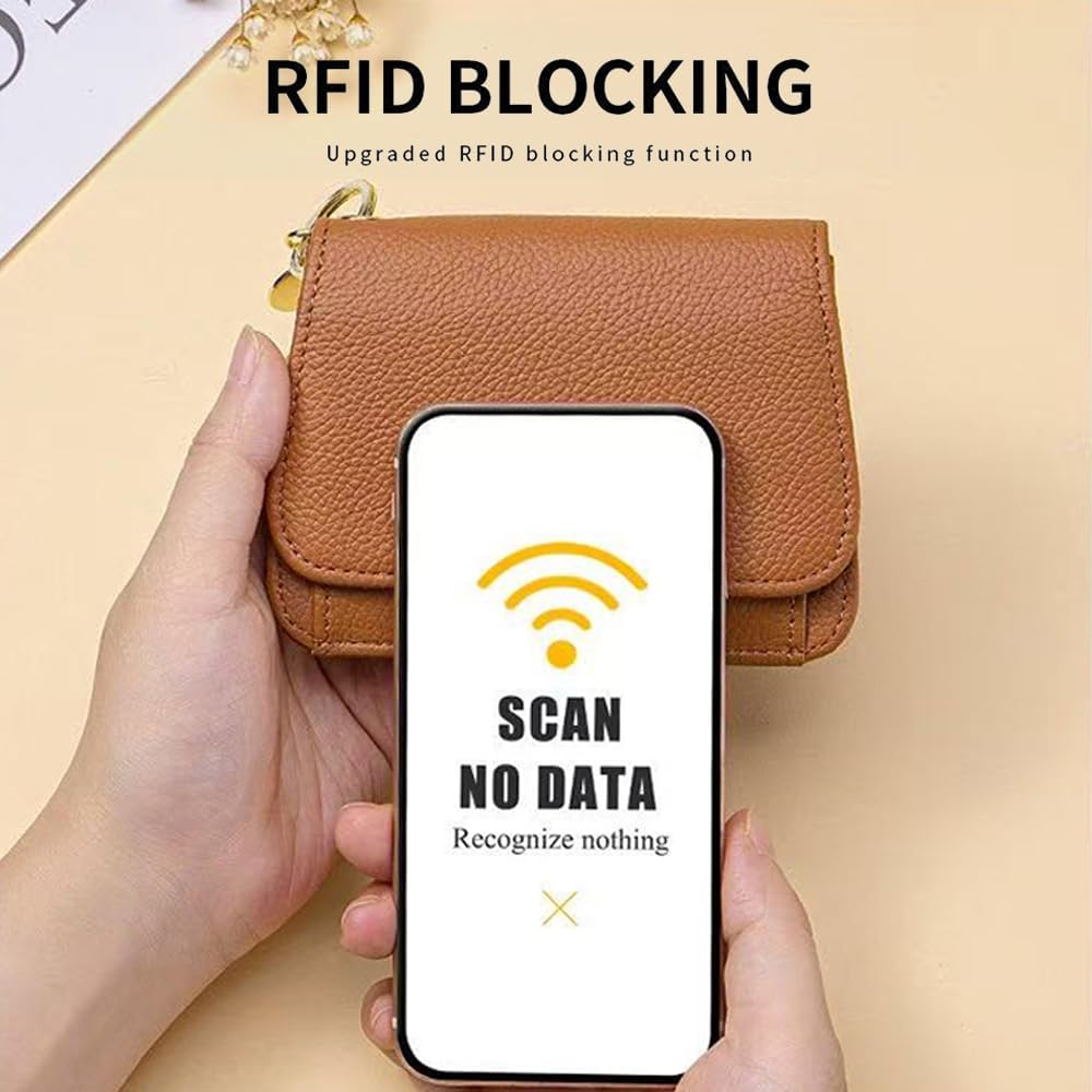 HOTSmall Wallet for Women RFID Blocking Genuine Leather Slim Keychain Wallet Tri-Fold Card Case with Coin Pocket(Brown)
