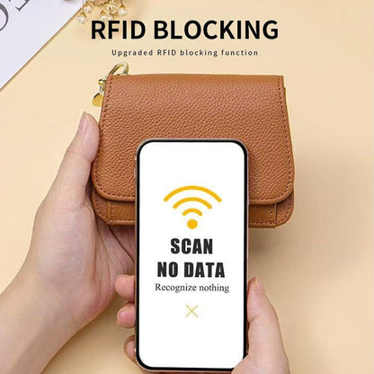 HOTSmall Wallet for Women RFID Blocking Genuine Leather Slim Keychain Wallet Tri-Fold Card Case with Coin Pocket(Brown)
