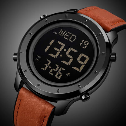 HOTMinimalist Digital Watch Men Wrist Watches Waterproof Mens Leather Watch | Large face brown black watch, Chronograph, Dual Times, 12/24 Hours, EL backlight, Digital wrist stopwatch, Reloj para hombre