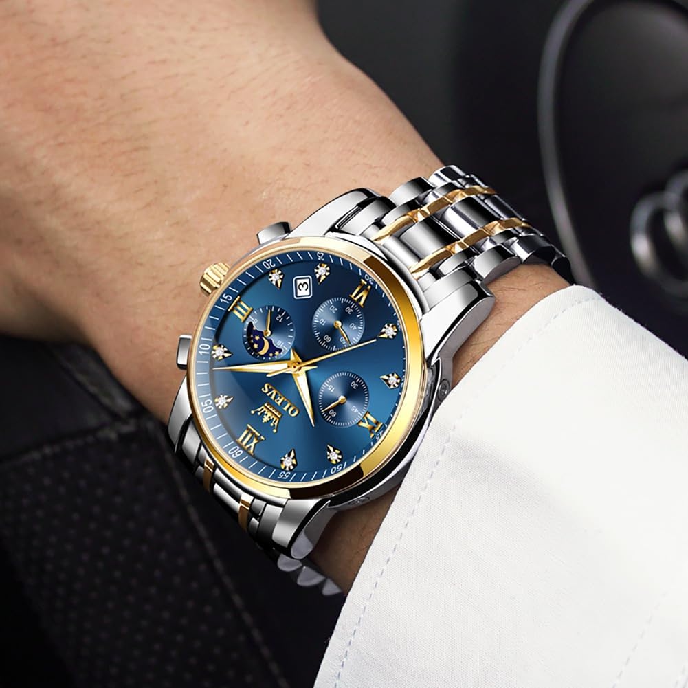 HOTOLEVS Watch for Men Diamond Business Dress Analog Quartz Stainless Steel Waterproof Luminous Date Two Tone Luxury Casual Wrist Watch Blue