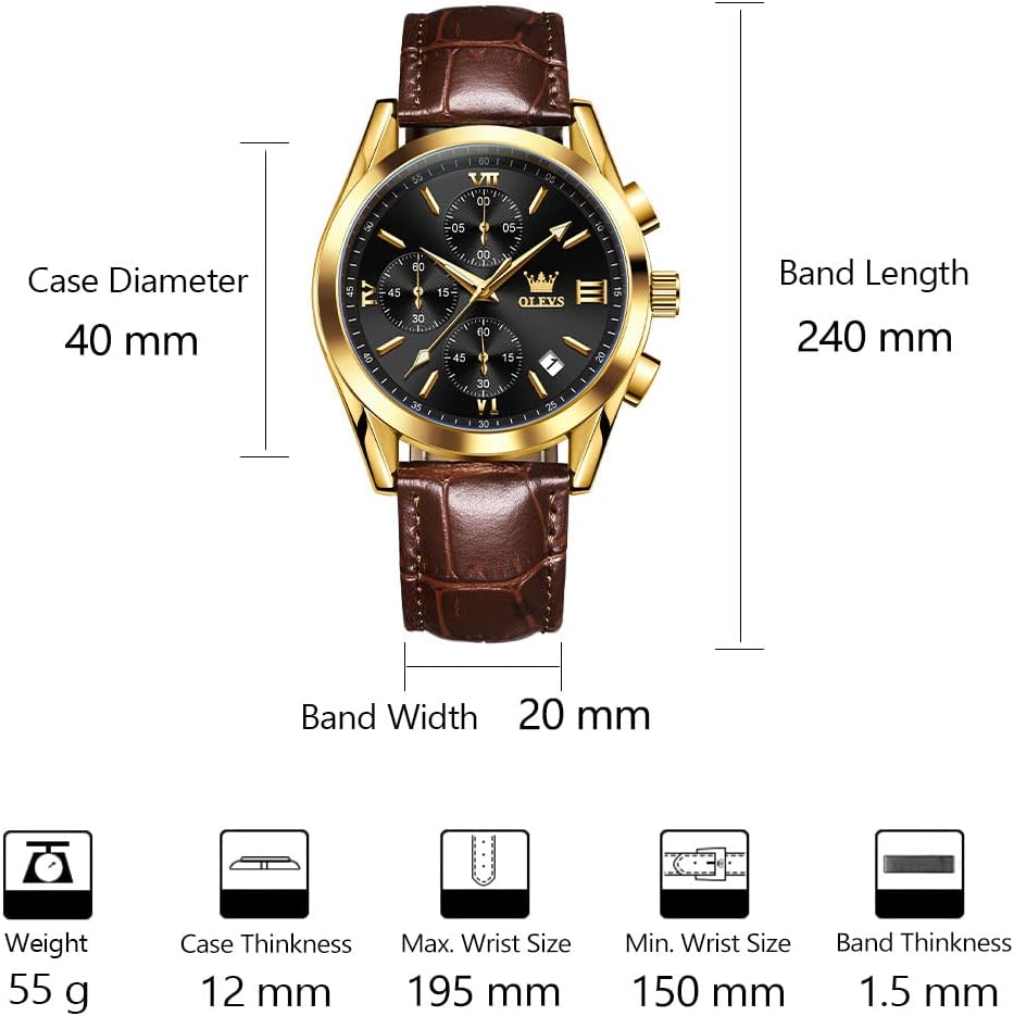 HOTOLEVS Men's Casual Leather Watch, Big Face Chronograph Watch for Men, Fashion Easy to Read Dress Watch, Men's Waterproof Luminous Date Analog Watch, Gold/Black/White/Blue Dial