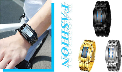 HOTReginald Fashion Mens Binary Sports Watch Digital LED Matrix Waterproof Outdoor Casual Black Bracelet Blue Backlit Men's Square Watch