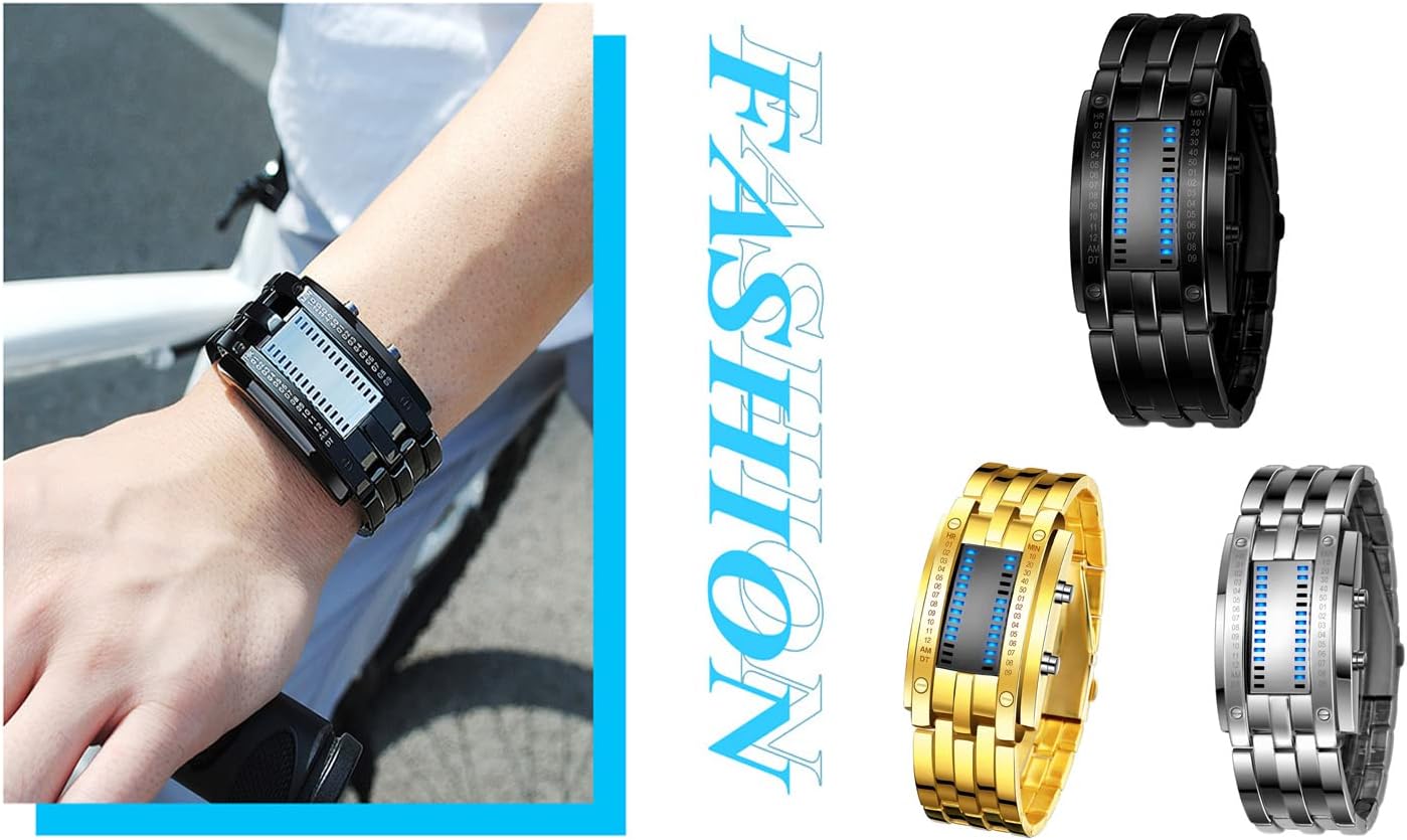 HOTReginald Fashion Mens Binary Sports Watch Digital LED Matrix Waterproof Outdoor Casual Black Bracelet Blue Backlit Men's Square Watch