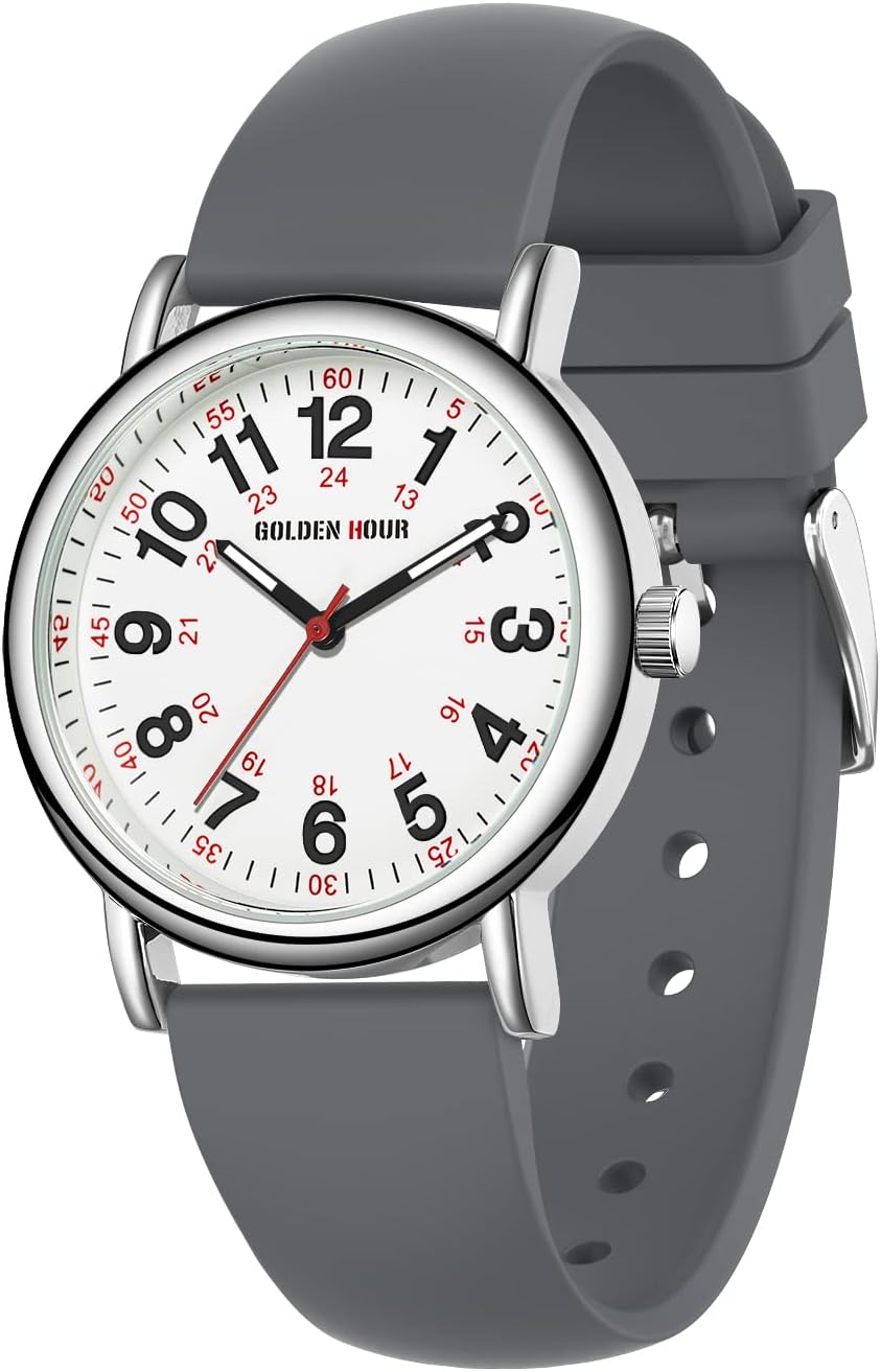HOTGOLDEN HOUR Waterproof Nurse Watch for Medical Professionals, Students Women Men - Military Time Luminouse Easy Read Dial, 24 Hour with Second Hand, Colorful Silicone Band