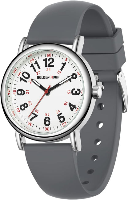 HOTGOLDEN HOUR Waterproof Nurse Watch for Medical Professionals, Students Women Men - Military Time Luminouse Easy Read Dial, 24 Hour with Second Hand, Colorful Silicone Band