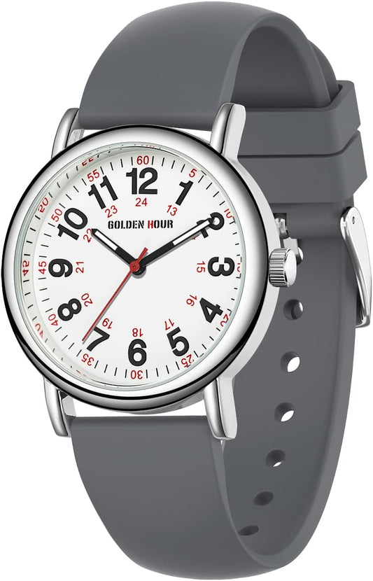 HOTGOLDEN HOUR Waterproof Nurse Watch for Medical Professionals, Students Women Men - Military Time Luminouse Easy Read Dial, 24 Hour with Second Hand, Colorful Silicone Band