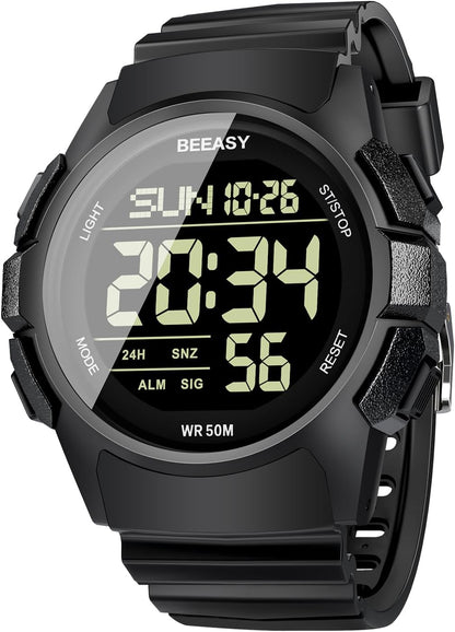 HOTBeeasy Mens Digital Sports Watch, 50M Waterproof 49mm Rubber Strap Mens Watches with Stopwatch, Countdown Timer, Alarm & Dual Time—Ideal for Sport, Gym, Running, Referee, School & Daily Wear