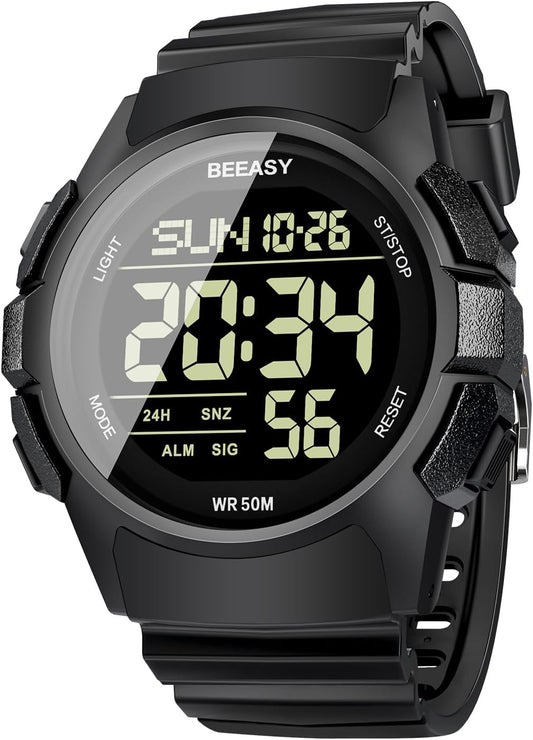 HOTBeeasy Mens Digital Sports Watch, 50M Waterproof 49mm Rubber Strap Mens Watches with Stopwatch, Countdown Timer, Alarm & Dual Time—Ideal for Sport, Gym, Running, Referee, School & Daily Wear