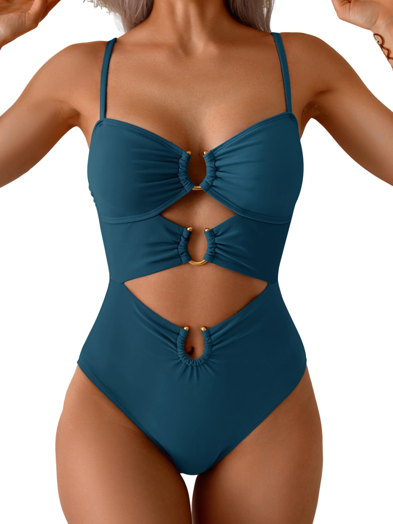 HOTEomenie Womens Cutout One Piece Swimsuit Sexy Bathing Suit | Ring Linked, Adjustable Spaghetti Straps, Bra Support, Soft Removable Cups, Monokini for Beach Vacation, Pool Side