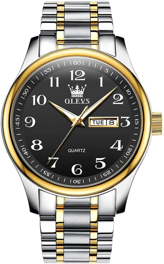 HOTOLEVS Men's Casual Stainless Steel Watch, Big Face Easy to Read Analog Quartz Watch with Day and Date, Classic Waterproof Diamond Roman Arabic Numeral Dial Dress Watch for Men, Gold Silver Black Band