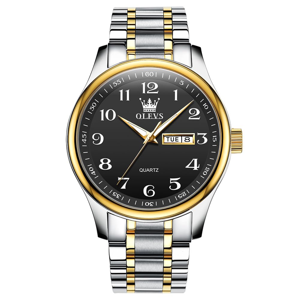 HOTOLEVS Men's Casual Stainless Steel Watch, Big Face Easy to Read Analog Quartz Watch with Day and Date, Classic Waterproof Diamond Roman Arabic Numeral Dial Dress Watch for Men, Gold Silver Black Band