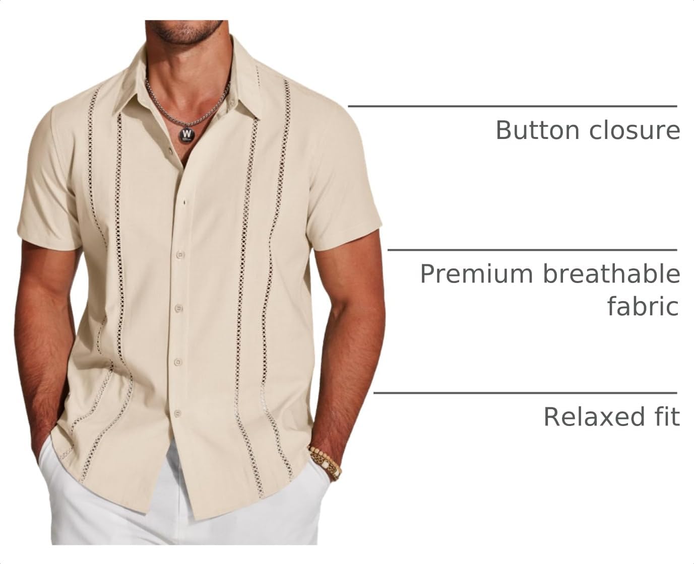 HOTCOOFANDY Men's Cuban Guayabera Shirt Short Sleeve Button Down Shirts Casual Summer Beach Linen Shirts