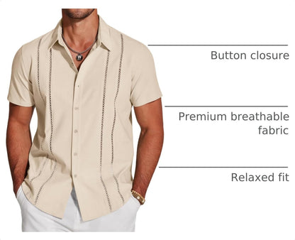 HOTCOOFANDY Men's Cuban Guayabera Shirt Short Sleeve Button Down Shirts Casual Summer Beach Linen Shirts